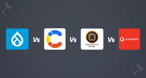 An enterprise CMS comparison grid showing the key differences between Drupal, Sitecore, AEM, and Contentful for a digital experience platform.